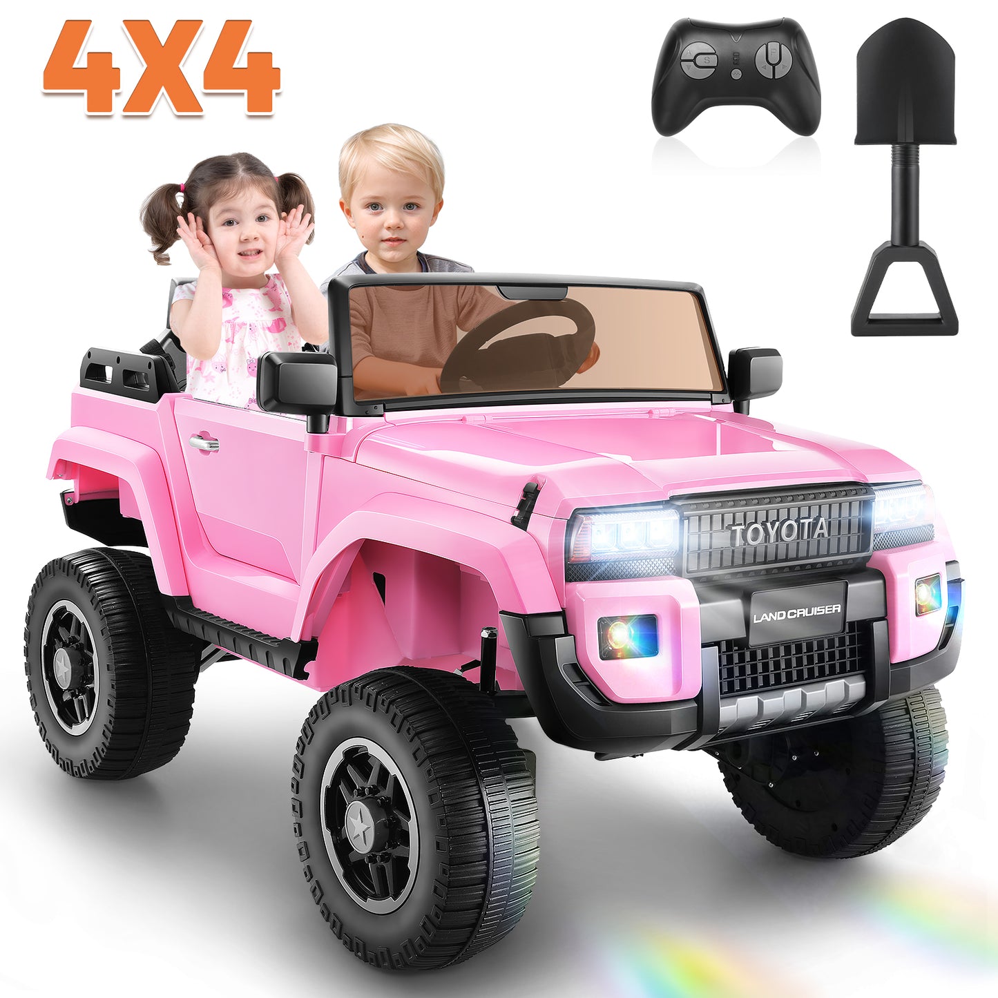 Licensed Toyota 24V Ride on Truck Car with 4¡Á100W Motors, Ride on Toys w/ 31'' Wide Seat, 4WD/2WD Switchable, Colored Decorative LED Lights, Suspension, Bluetooth, Pink