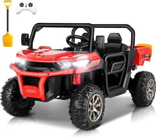 VIBESPARK 24V 2 Seater Ride on Toys with Dump Bed, Ride on UTV 2x200W Motors, Ride on Dump Truck w/ Battery Level Display, Forward/Stop/Reverse Joystick, Remote Control, Shovel, Bluetooth, MP3, Red