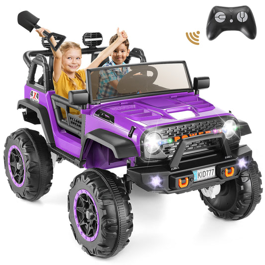 VIBESPARK 24V 2-Seater Ride on Toys, Ride on Truck with Colored LED Lights, 2WD/4WD Switchable Electric Car for Kids, Ride on Cars W/ Bluetooth, SD Card Slot, Toy Shovel, Spring Suspension, Purple