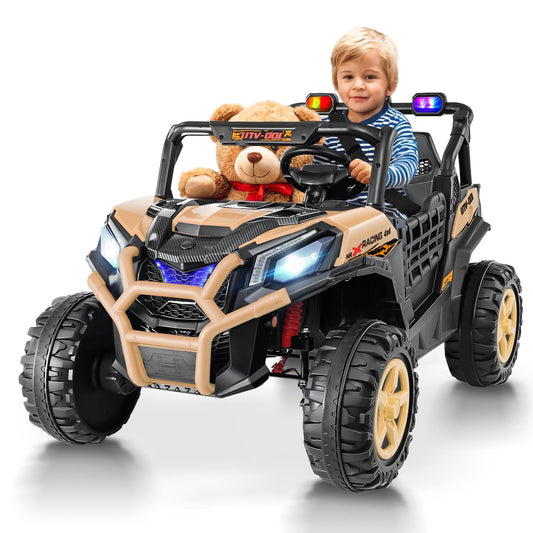 Vibespark 24V Ride on Toys Car w/ 2 XL Seater & Remote Control, 4WD Ride On UTV with 4x200W Motor, Power Car Wheel w/ Spring Suspension, Colorful LED lights, Bluetooth Music, 3 Speed, Yellow