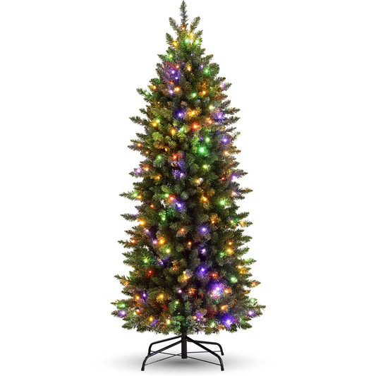 VIBESPARK 6FT Pre-Lit Pencil Christmas Tree, Flocked Frosted Pine Hinged Artificial Christmas Tree with 957 PVC Branches, Skinny Xmas Tree, 250 Led Lights, Foldable Metal Stand, Indoor and Outdoor