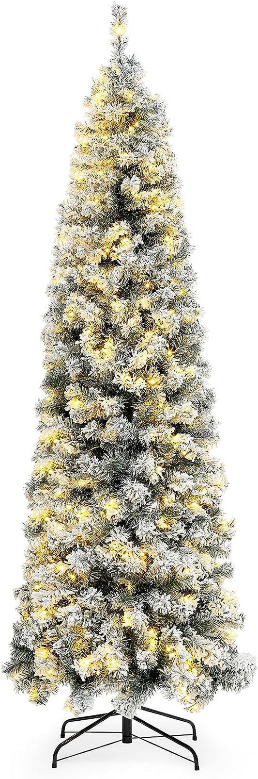 Funcid 6Ft Pencil Christmas Tree Pre-Lit Artificial Snow Flocked Slim Skinny Christmas Tree Holiday Decoration w/250 Warm Lights