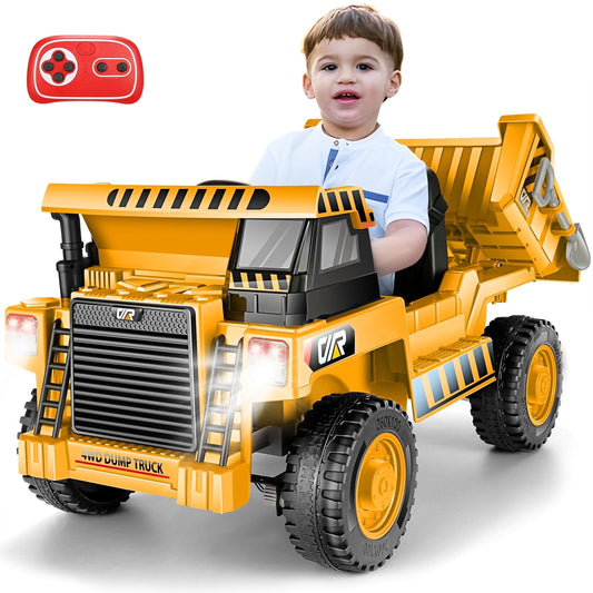 Funcid 12V Ride on Toys for Toddlers, Ride on Dump Truck Electric Car for Kids 4WD Ride on Cars with Remote Control, Electric Dump Bed, Shovel, Music, LED Lights, Bluetooth Yellow