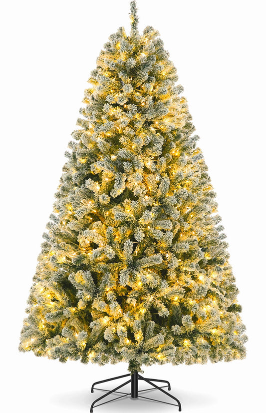 Funcid 6Ft Prelit Christmas Trees, Snow Flocked Artificial Christmas Pine Tree with 250 Warm Lights, 733 Branches, Metal Base, for Home Store Office Party Decoration