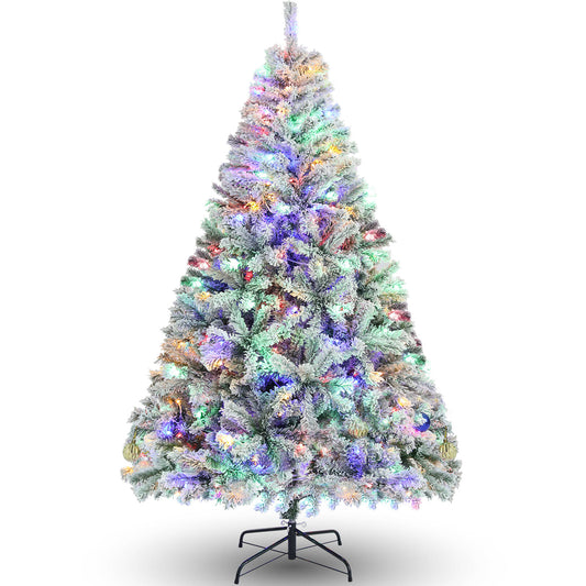 VIBESPARK 6FT Pre-Lit Flocked Christmas Tree, Artificial Christmas Tree with 250 LED Lights, Hinged Pine Tree with 640 PVC Branches, Foldable Metal Stand, Indoor and Outdoor
