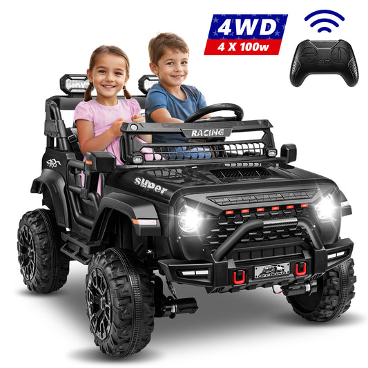 VIBESPARK 24V 9AH Ride on Toys, 4WD Ride on Cars with Remote Control, 2-Seater Powered Ride on Electric Truck Car for Kids w/  Bluetooth, MP3, LED Lights, 3-Point Seat Belts, Spring Suspension, Black