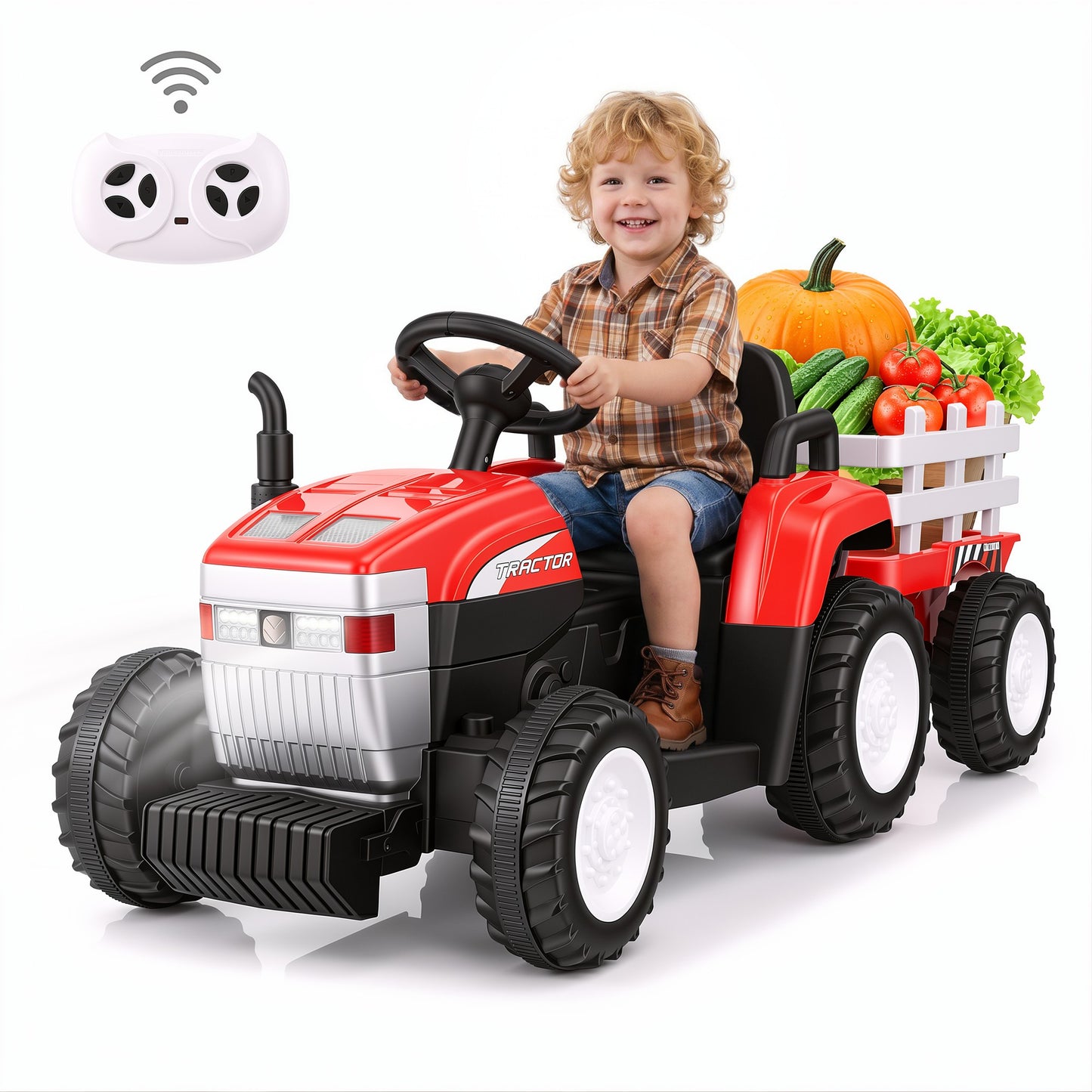 Farmdex 24V Ride on Tractor with Detachable Trailer, Ride on Toys for Kids w/ Remote Control, Electric Cars for Kids, LED Lights, Bluetooth, Music, MP3, Red