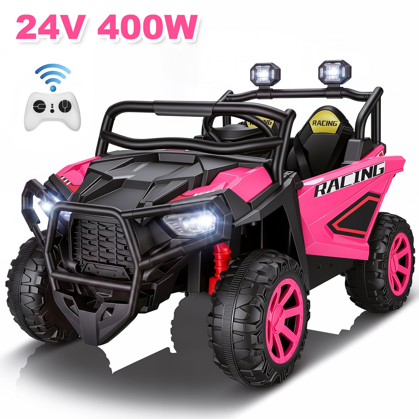 VIBESPARK 24 Volt 2 Seater Ride on Toys, Powered Ride on Cars with Remote Control, Electric UTV Car for 3-8, Gift with Bluetooth, LED Light, Music, Pink
