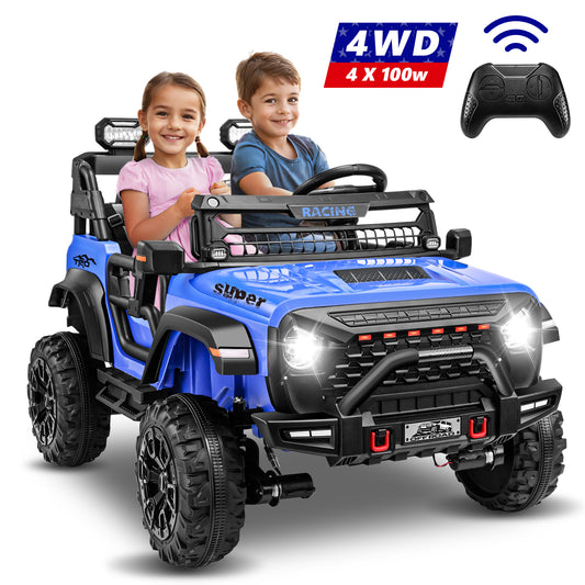 VIBESPARK 24V 9AH Ride on Toys, 4WD Ride on Cars with Remote Control, 2-Seater Powered Ride on Electric Truck Car for Kids w/  Bluetooth, MP3, LED Lights, 3-Point Seat Belts, Spring Suspension, Blue