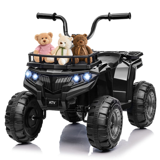 VIBESPARK 12 Volt Ride on Toys for Toddlers, Kids Ride on ATV 4-Wheeler Quad Electric Car with Storage Basket, Ride on Cars w/ Built-in Music, LED Lights, One-button Start, Black