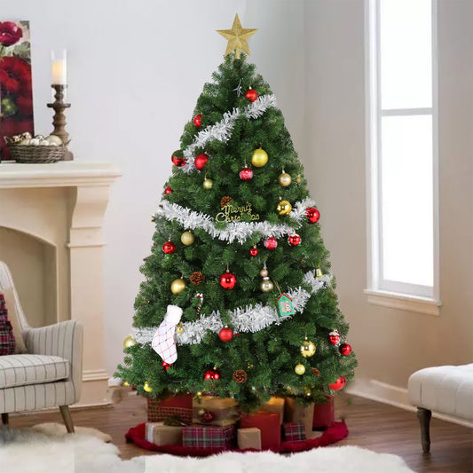 VIBESPARK 6ft Pre-Lit Spruce Artificial Holiday Christmas Tree for Home, Office, Party Decoration w/ 250 Incandescent Lights, 1000 Branch Tips, Easy Assembly, Metal Hinges & Foldable Base