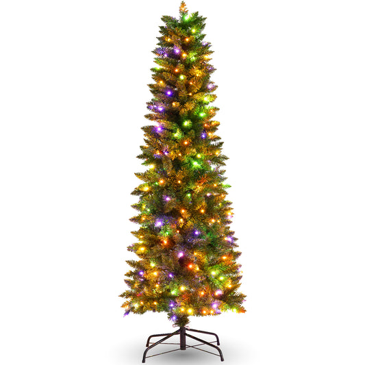 VIBESPARK 6ft Pre-Lit Pencil Christmas Tree, Skinny Spruce Slim Holiday Decoration w/ 900 Tips, 250 Lights, Metal Hinges & Base